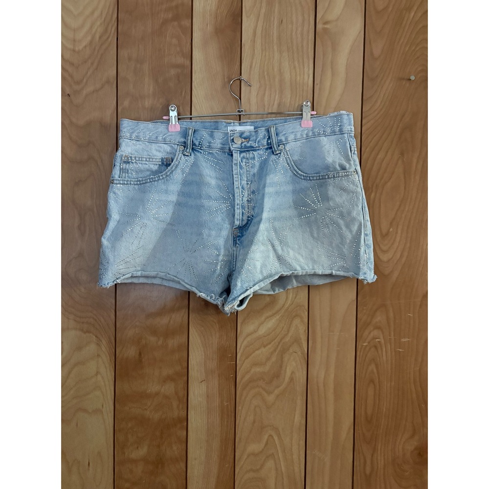 Zara Womens Rhinestone Embellished Denim Shorts Light Wash Blue Size 14